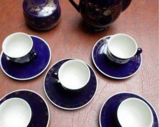 Vintage porcelán kávés készlet kék arany 12 db