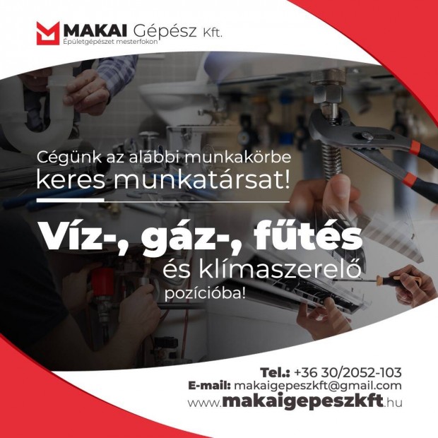 Víz- gáz- fűtés szerelőt keresünk csapatunkba! (Nettó 600-700 ezer Ft)