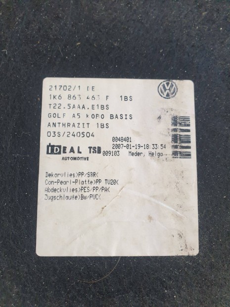 Volkswagen Golf 5 V csomagtr sznyeg gyri 1K6863463F