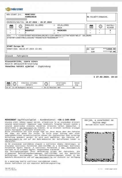 Vonatjegy: Budapest Keleti- Mnchen Hbf