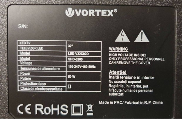 Vortex LED-V32C02D LED LCD tv hibás törött CV9202H-Dpw háttér hibás!
