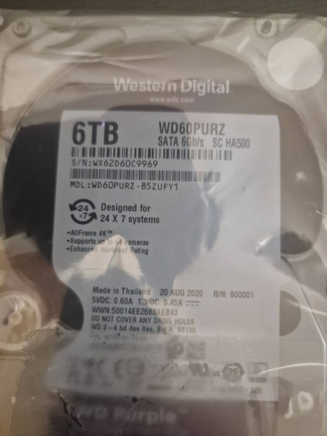 WD Purple 24/7 j 6TB HDD elad 2DB!