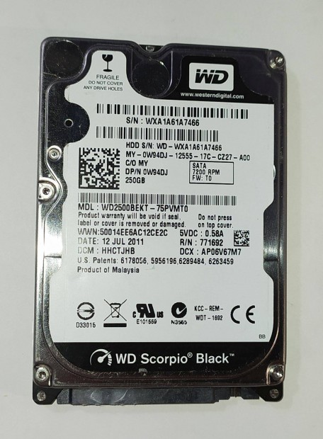 WD Western Digital 250GB laptop / notebook HDD merevlemez SATA 100/100