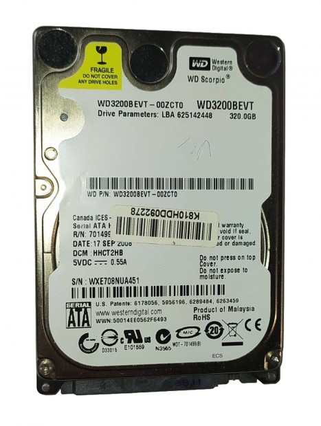 WD Western Digital 320GB laptop / notebook HDD merevlemez SATA 100/100