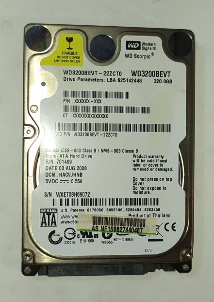 WD Western Digital 320GB laptop / notebook HDD merevlemez SATA 100/100