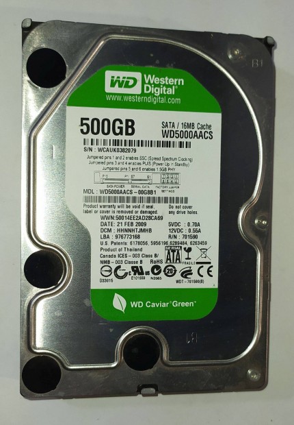 WD Western Digital 500GB HDD merevlemez SATA 3.5" 100/100 #2079