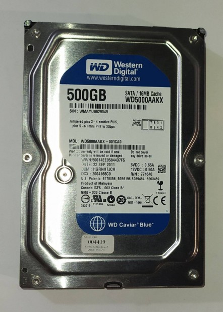 WD Western Digital 500GB HDD merevlemez SATA 3.5" 100/100 #9049