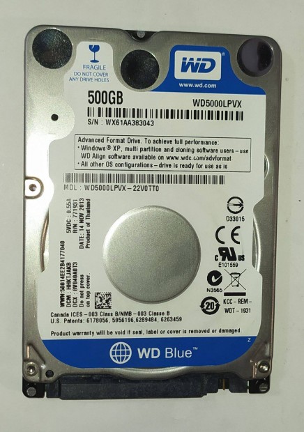 WD Western Digital 500GB laptop / notebook HDD merevlemez SATA 100/100