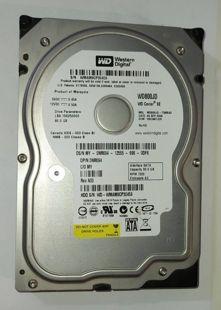 WD Western Digital 80GB HDD merevlemez SATA 3.5" 100/100 #0459