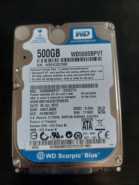 Western Digital Scorpio Blue 2.5 500GB 5400rpm 8MB SATA2 (WD5000Bpvt)