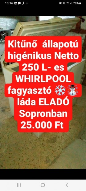Whirlpool Fagyasztlda Kitn  llapot hignikus Netto 250 L 