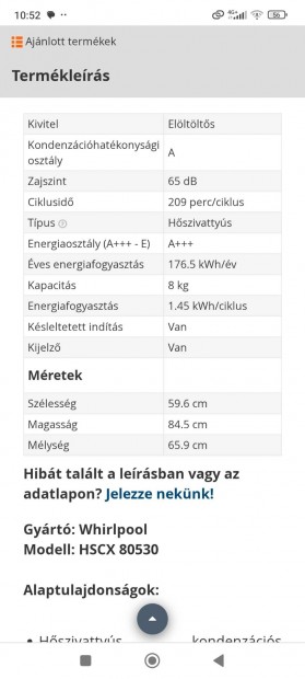 Whirlpool Hscx80530 hőszivattyús szárítógép 8kg