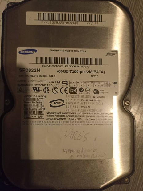 Winchester adatmentsre vagy javtsra Samsung SP0822N 80 GB Hibs