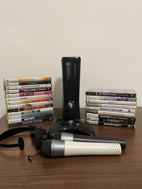 Xbox 360 250Gb 1 karral/kontrollerrel 21 jtkkal 2 mikrofonnal