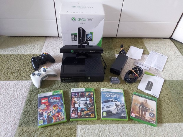 Xbox 360 E Slim 250GB 2db Kontroller Kinect Játékok GTA Dobozában