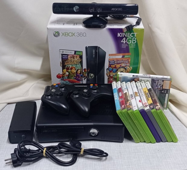 Xbox 360 Slim 4GB + Kinect + 2 kontroller + 10 db jtk 