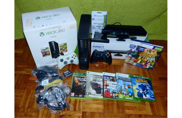 Xbox 360 +Kinect 2 db kontrollerrel + 7 db játék