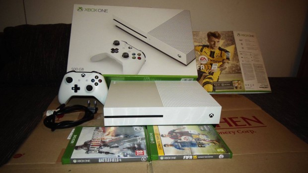 Xbox One S konzol, Gyri dobozos (1db joy, 2db jtk, 500Gb, 1tulaj)