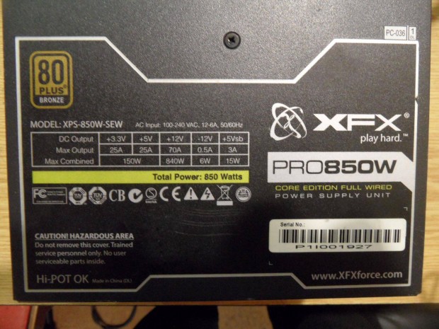 Xfx tpegysg 850W, 80+ hatsfok