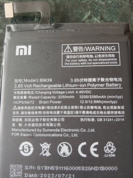 Xiaomi BM39 MI6 akkumultor 