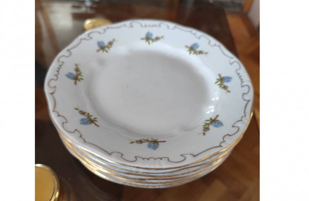 Zsolnay porcelán kék barackvirág arany szél kis tányér süteményes 7db