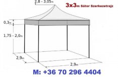 3x3 m Pavilon Árus Garázs Sátor 30mm Váz PVC vízlepergetős ponyva