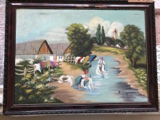 Olajfestmény antik, hangulatos Mosás a patakban