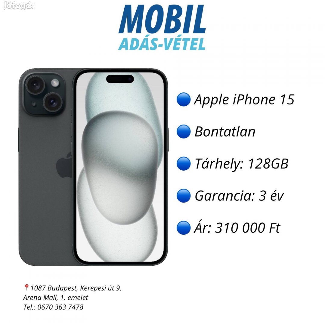 002 Bontatlan Apple Iphone 15 128GB, 3 év garancia!