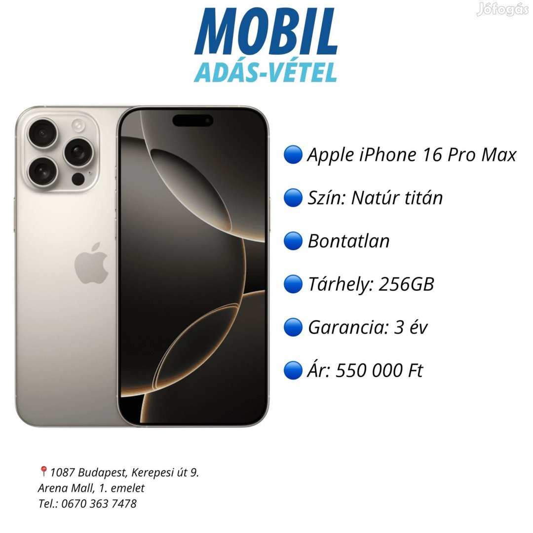 003 Bontatlan Apple Iphone 16 Pro Max 256GB, 3 év garancia!