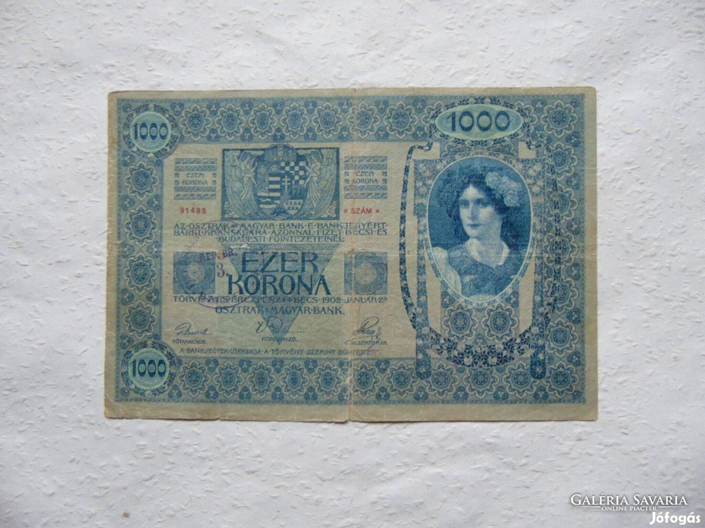 1000 korona 1902 + Ritka Felülbélyegzés Tartásfok F