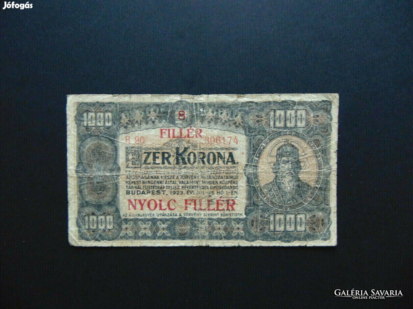 1000 korona 1923 B 90 8 fillér Felülbélyegzés !!!!