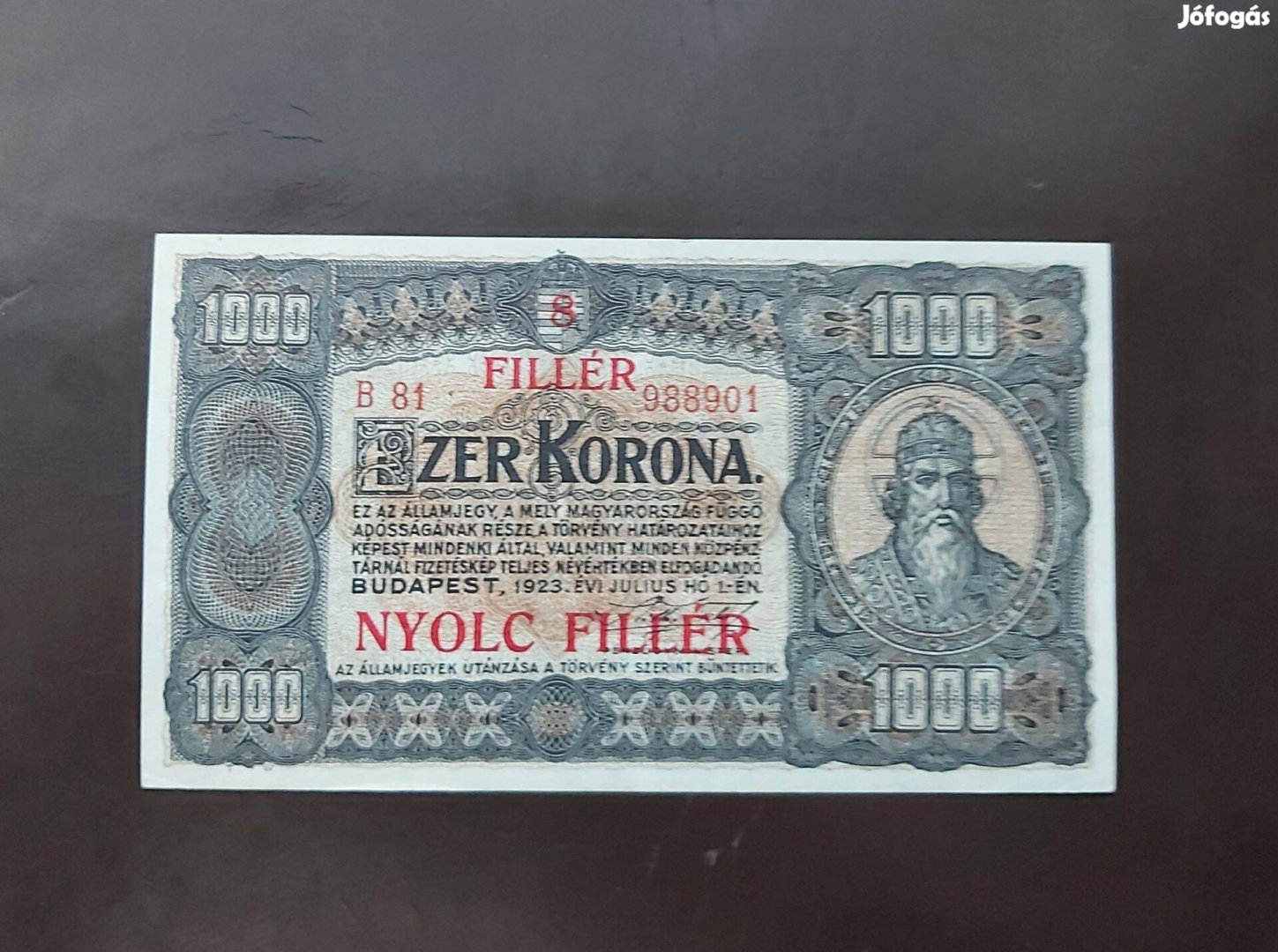 1000 korona 8fillér 1923 Unc