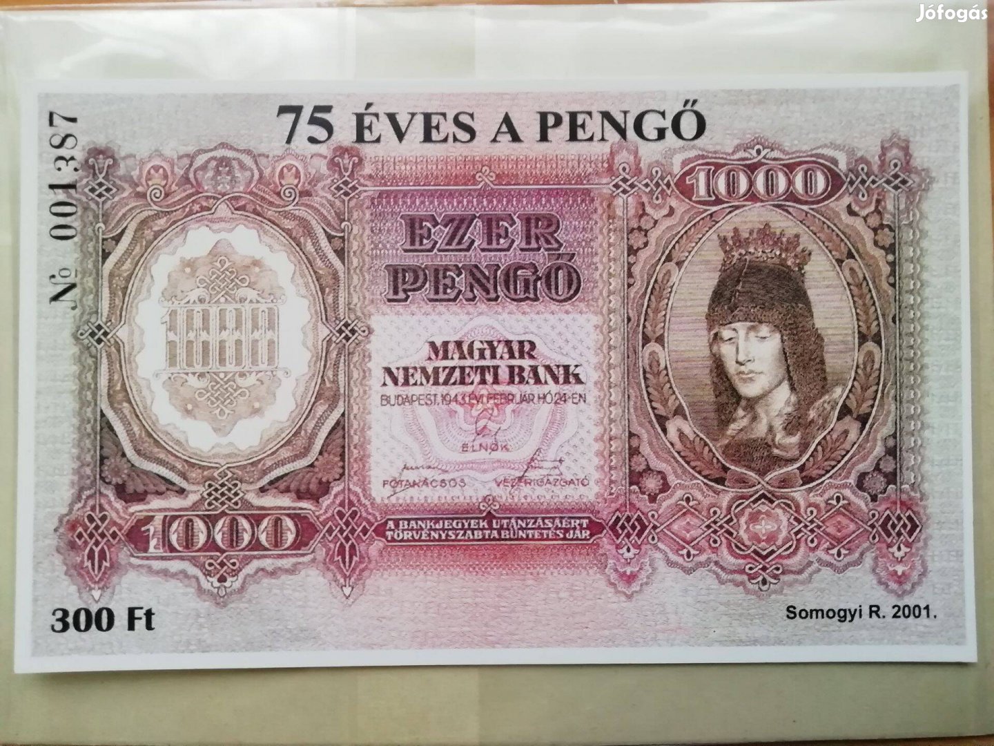 1000 pengős emlékív 75 éves a pengő 2001-es emlékív