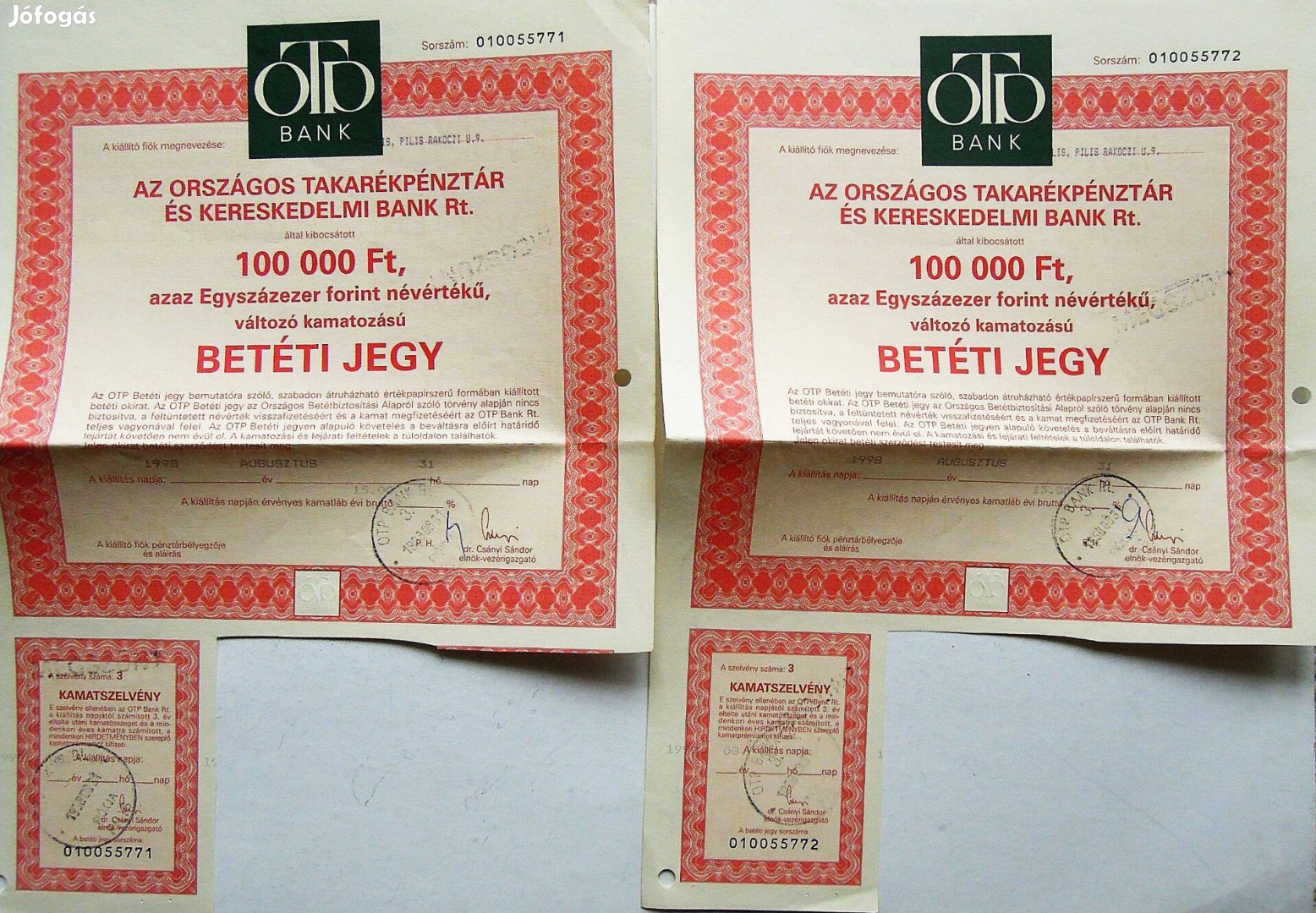 100.000 ft OTP Betéti jegy 1998