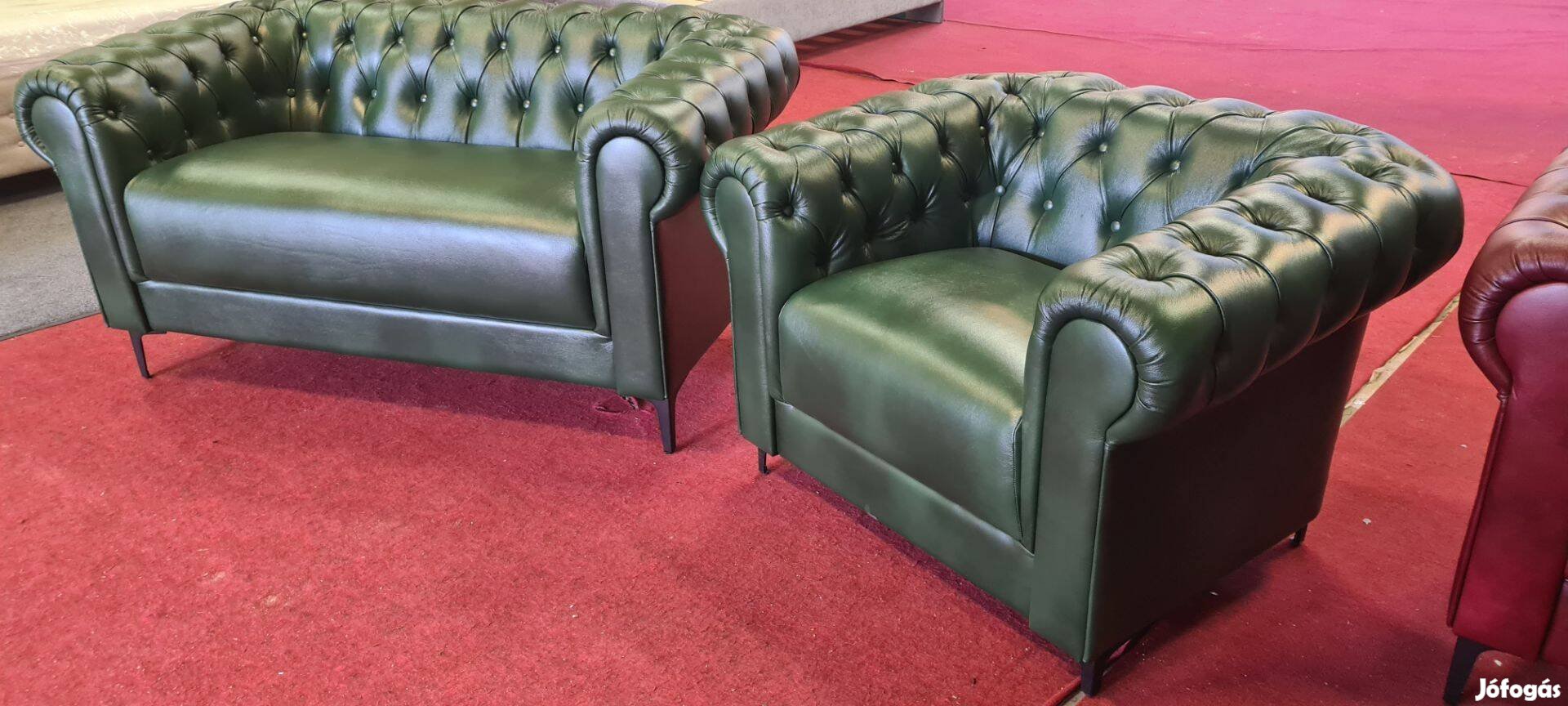 100% marhabőr:)Új zöld chesterfield bőr fotel 250eft+kanapé 599eft