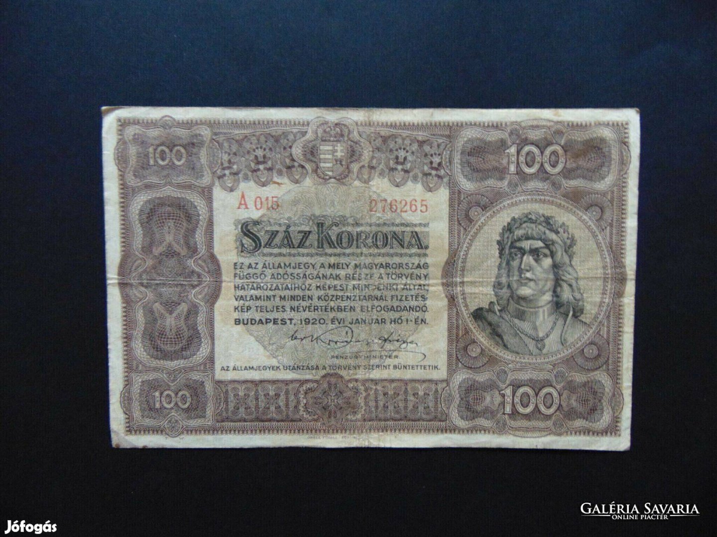 100 korona 1920 A 015 Kép szerinti állapotban