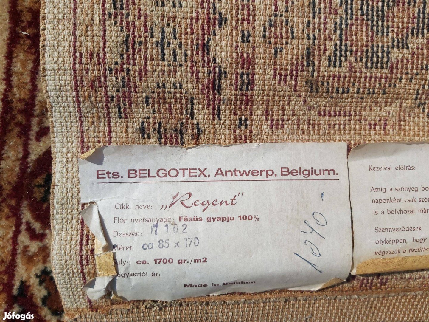 100 százalékos fésüs gyapjú, kisméretű belga szőnyeg eladó