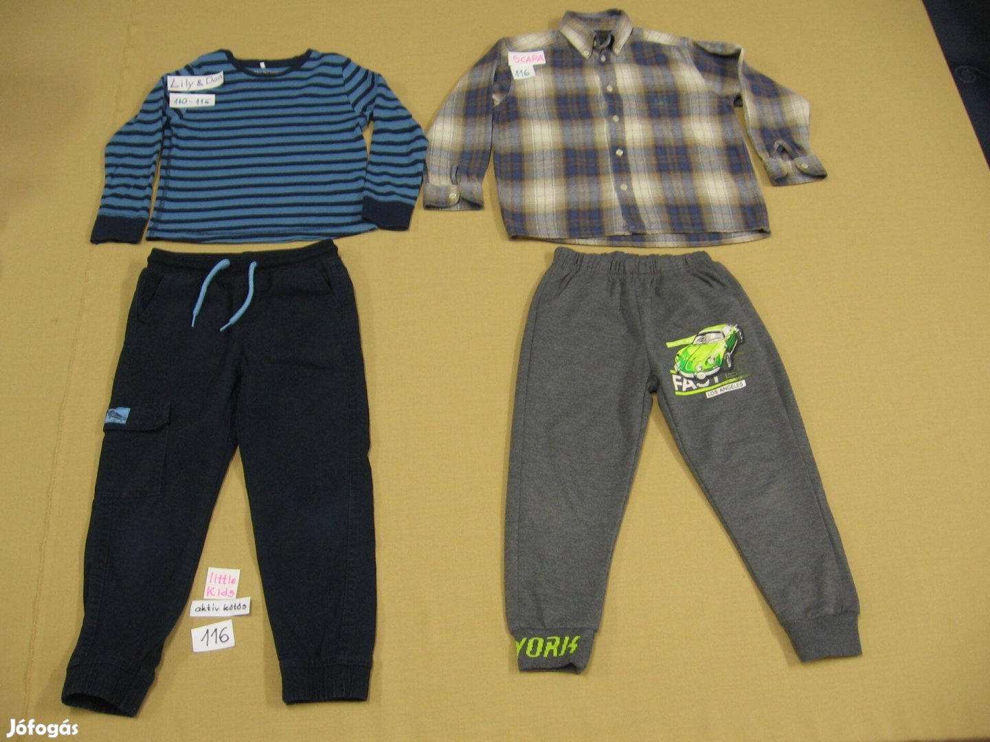 110-116-os kisfiú ruhacsomag (2 db nadrág, ing és pulcsi) 6 db ruha