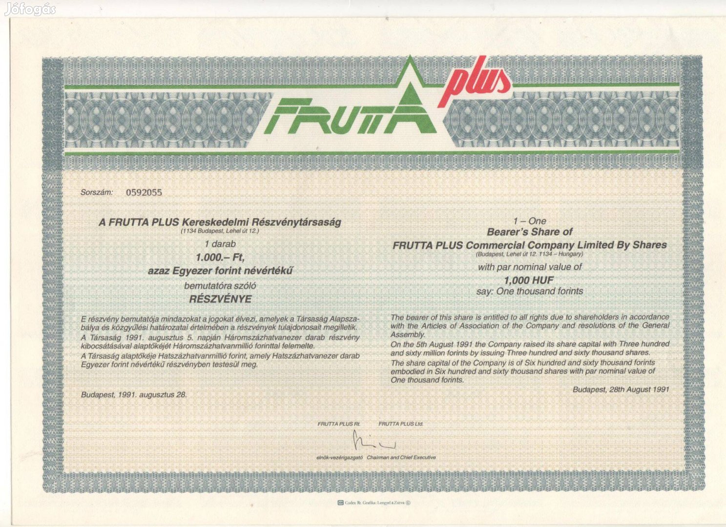 111db Frutta Plus részvény 1000ft névértékű eladó 33000ft-ért óbuda