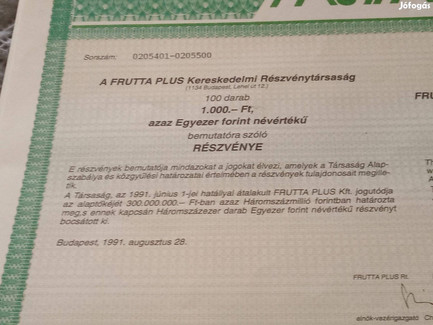 111db Frutta Plus részvény 1000ft névértékű eladó 5000ft-ért óbuda