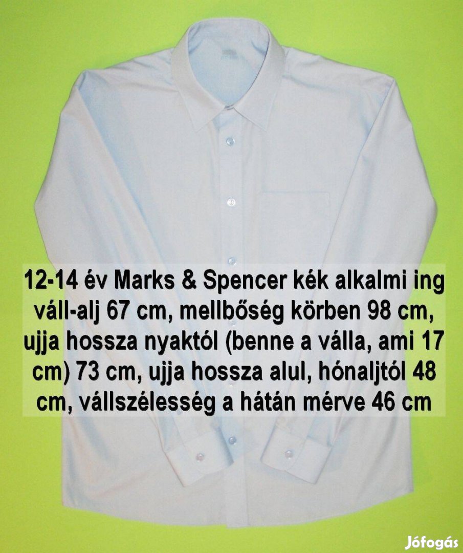 12-14 év Marks & Spencer hosszú ujjú alkalmi kék pamut ing nem vasalós