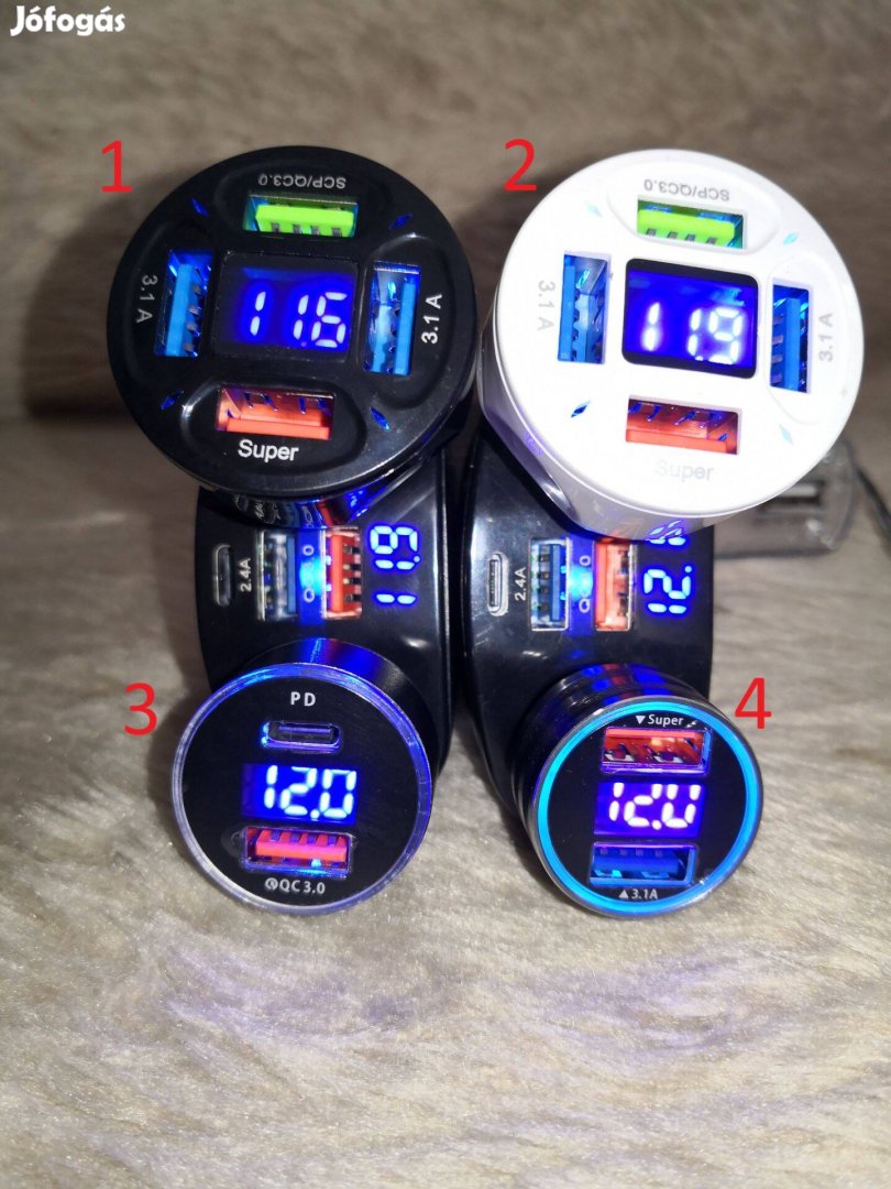 12-24V os autós USB töltő + feszültség kijelző