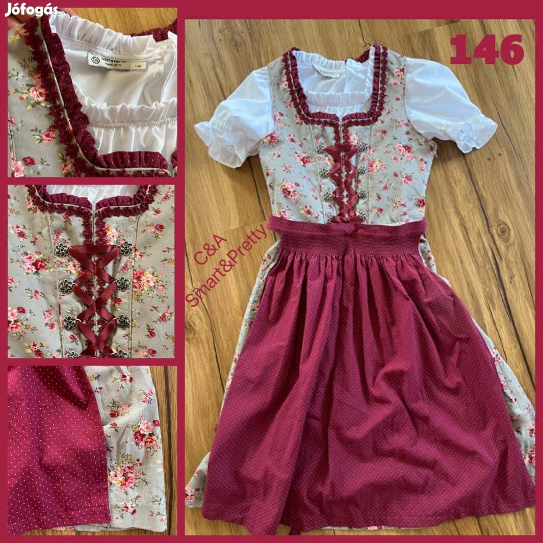 146-os bézs-bordó virágos Kislány Dirndl ruha blúzzal /C&A/