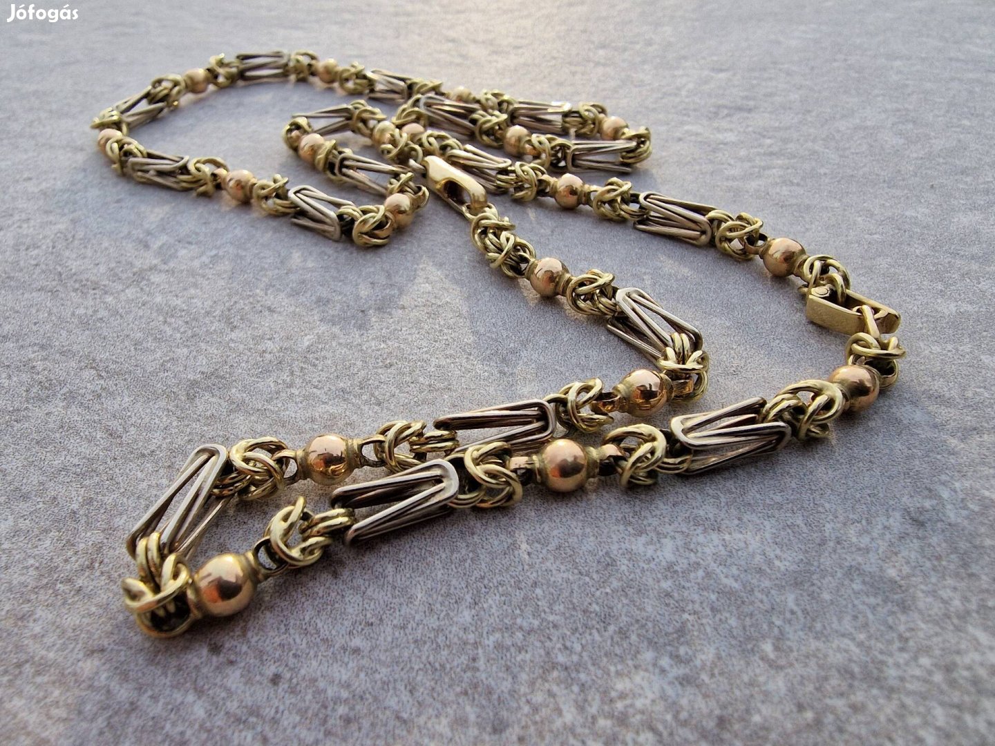 14 karátos, kézi, egyedi készítésű trikolor arany király lánc nyaklánc