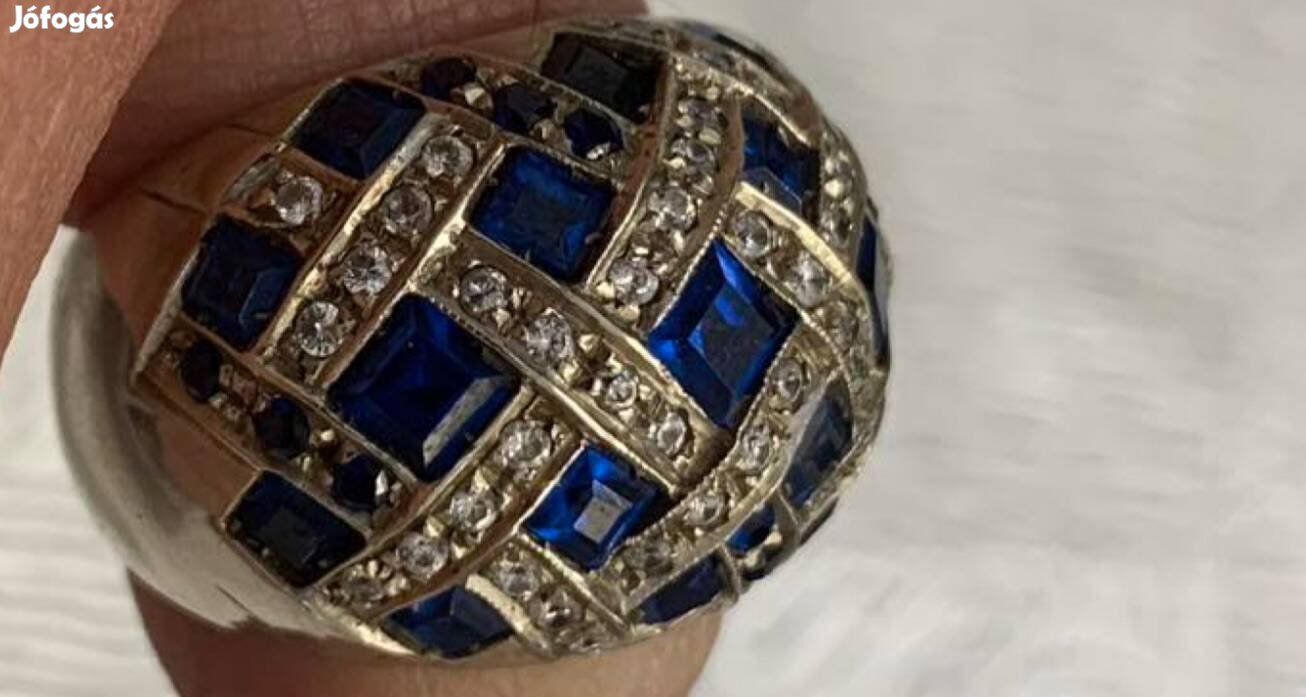 14k arany Antik Artdeco Zafír-Brilians gyűrű
