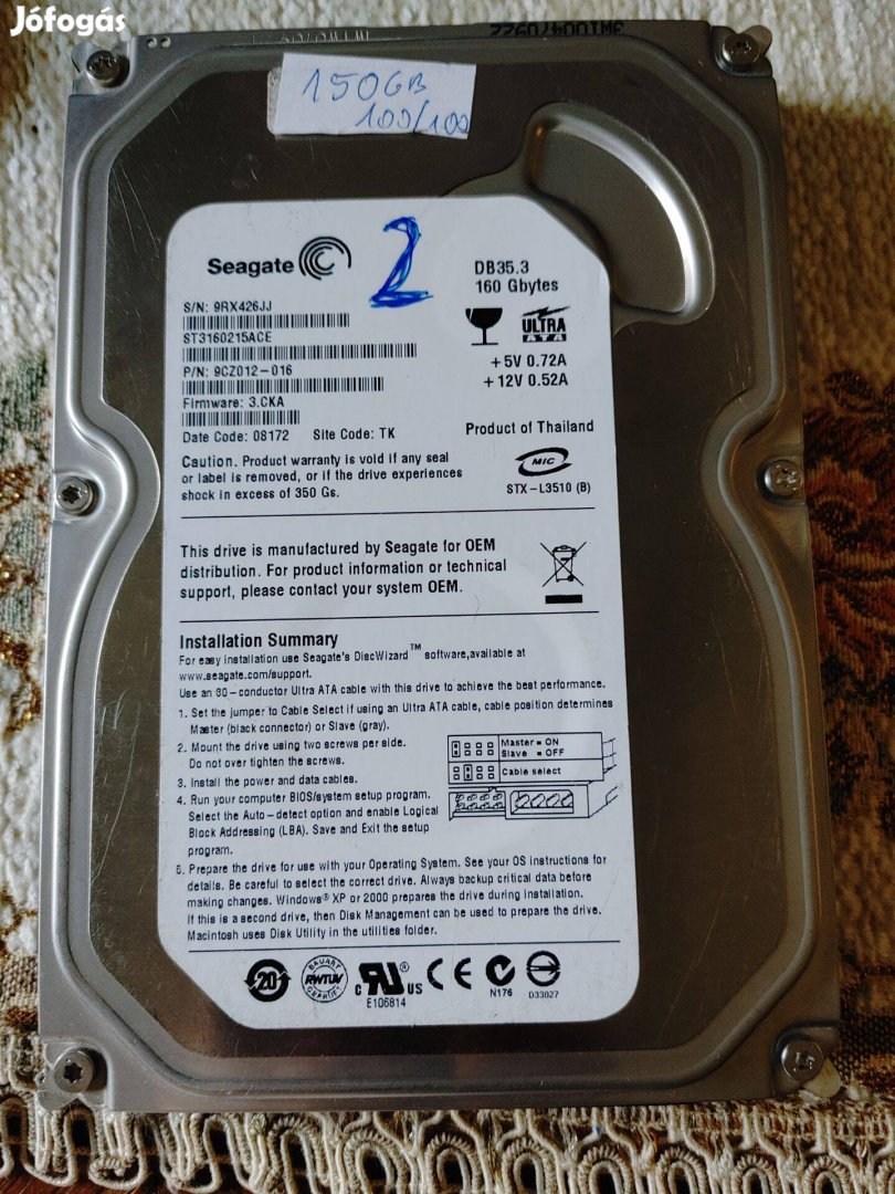 150GB hdd IDE PATA csatlakozós 100/100