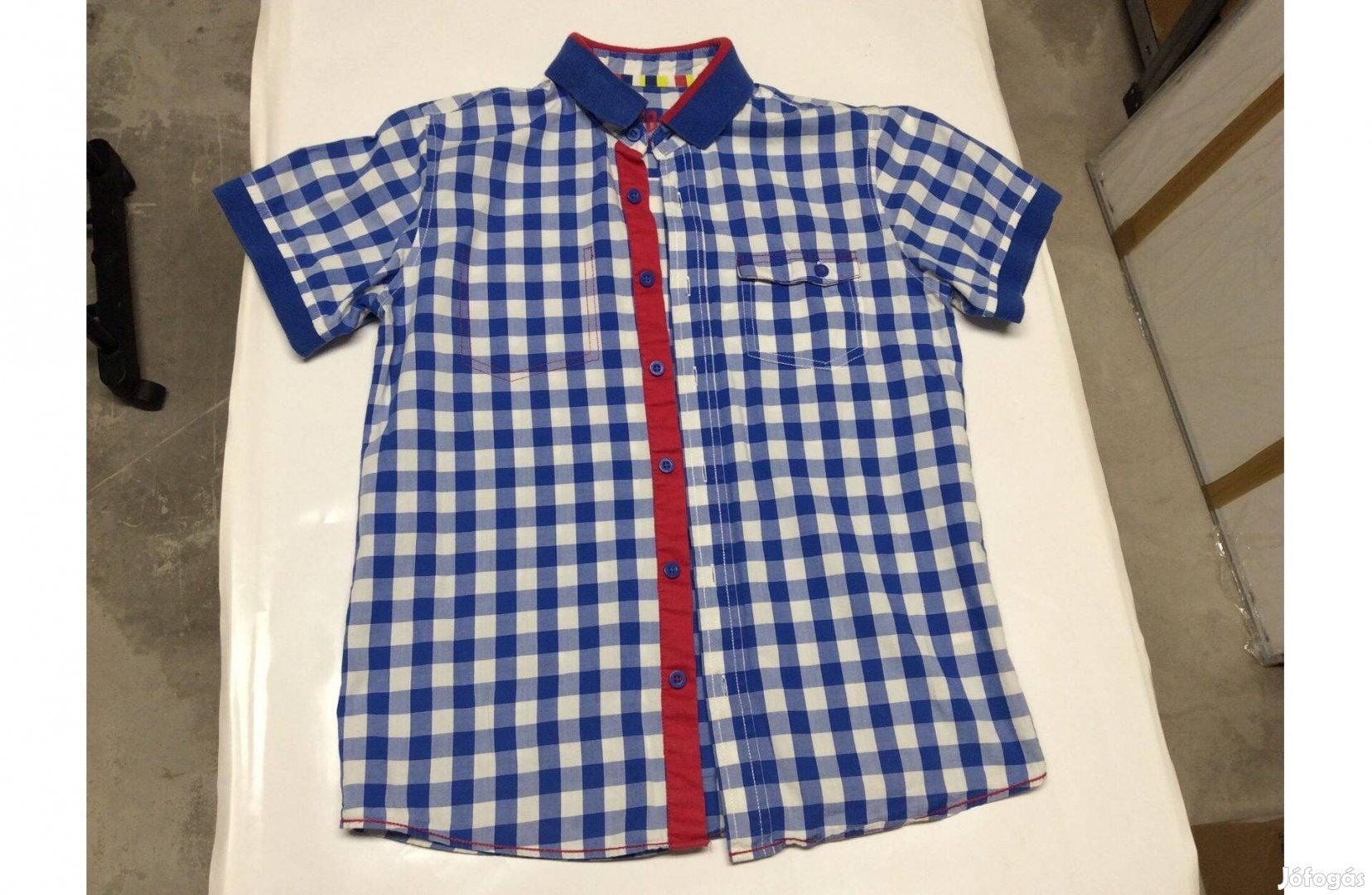 152-es fiú ing rövid ujjú kék fehér kockás Bluezoo ing hossz: 59 cm