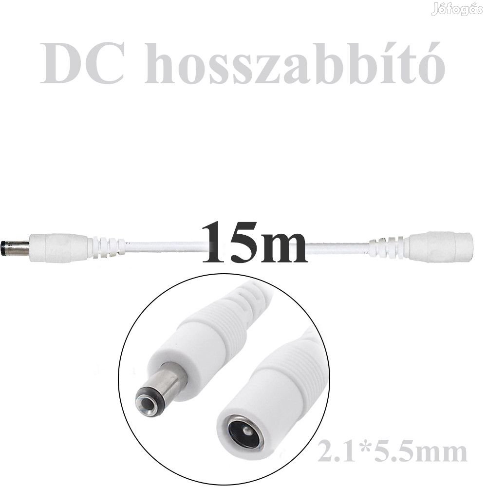 15m-es fehér DC hosszabbító, dugó-aljzat 5.5 * 2.1MM