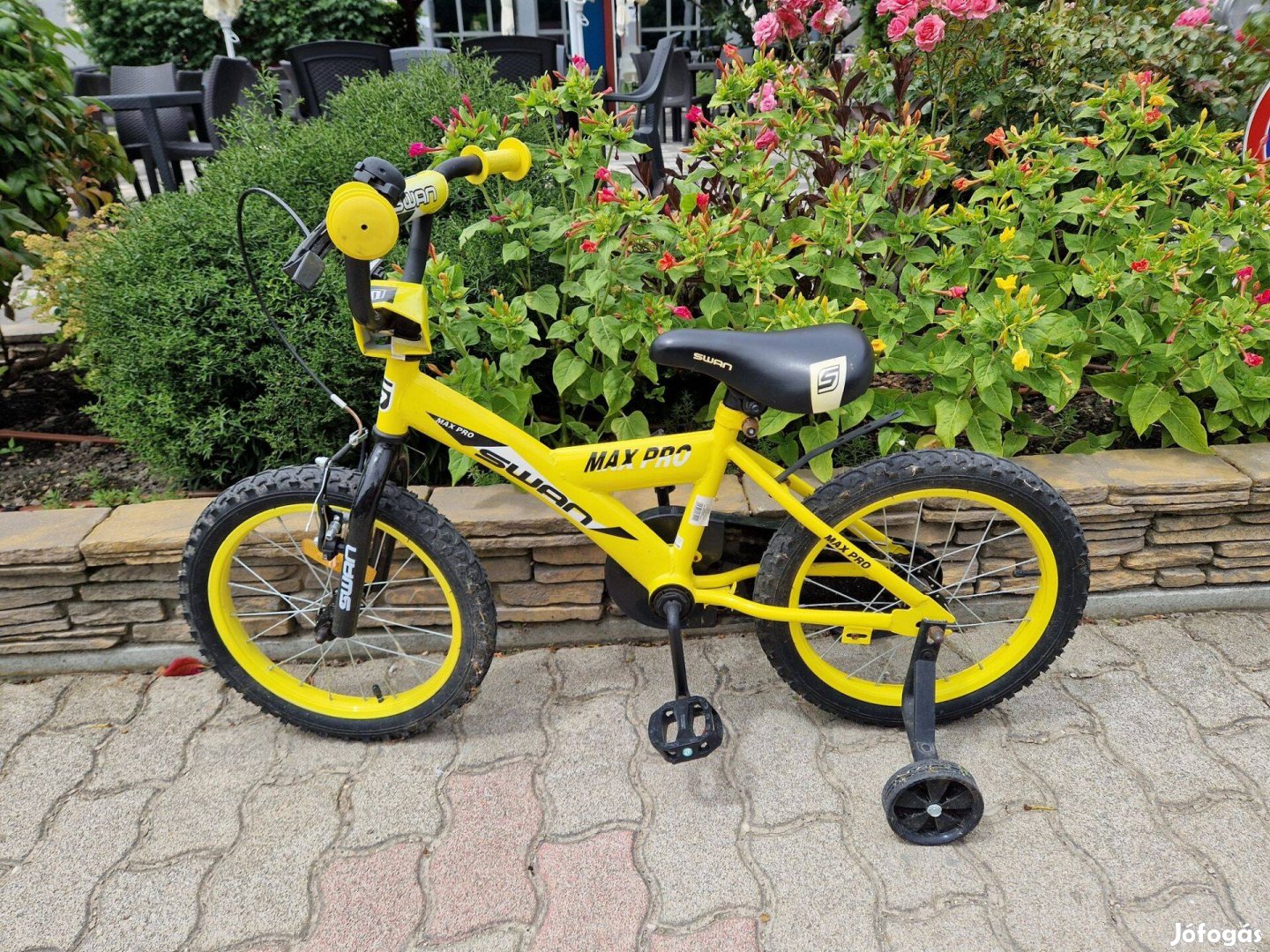 16" sárga pótkerekes, kontrás gyerek kerékpár