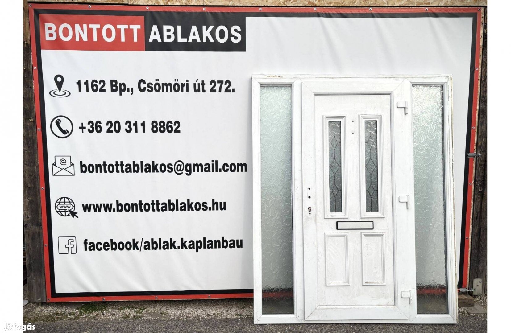 170x210 cm közeli! bontott műanyag 2 fix oldalvilágítós bejárati ajtó